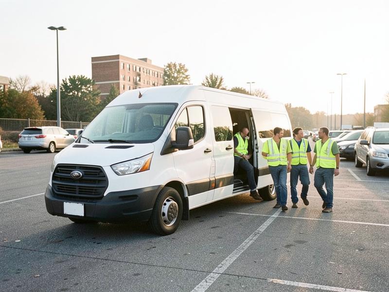 Workers boarding a van for transport to a worksite